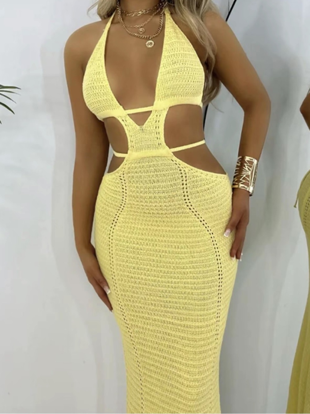 Yellow Crochet Cutout Halter Maxi Dress